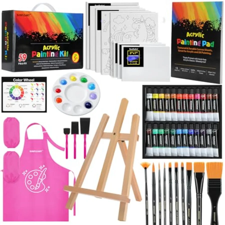 

【Spot goods】59pcs Acrylic Paint Set - Art Supplies Kit With 24 Non-Toxic Paints Easel Brushes Canvas for Artists and Beginners