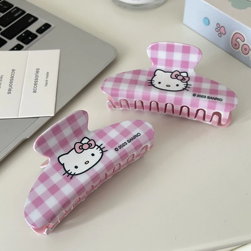 Sanrio HelloKitty 10.7cm Checkered Hair Clip Women Cute Melody Cinnamoroll Hair Claw Girl Kuromi Hairpins Kids Birthday New Gift