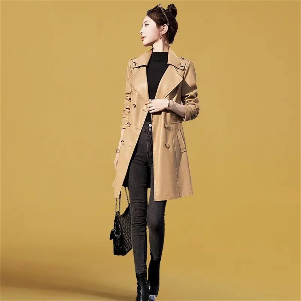 Blazer Leather Outcoat Women\'s Spring Autumn 2023 New Mid Length Slim Fashion High Autumn PU Leather Jacket Trench Coat Female