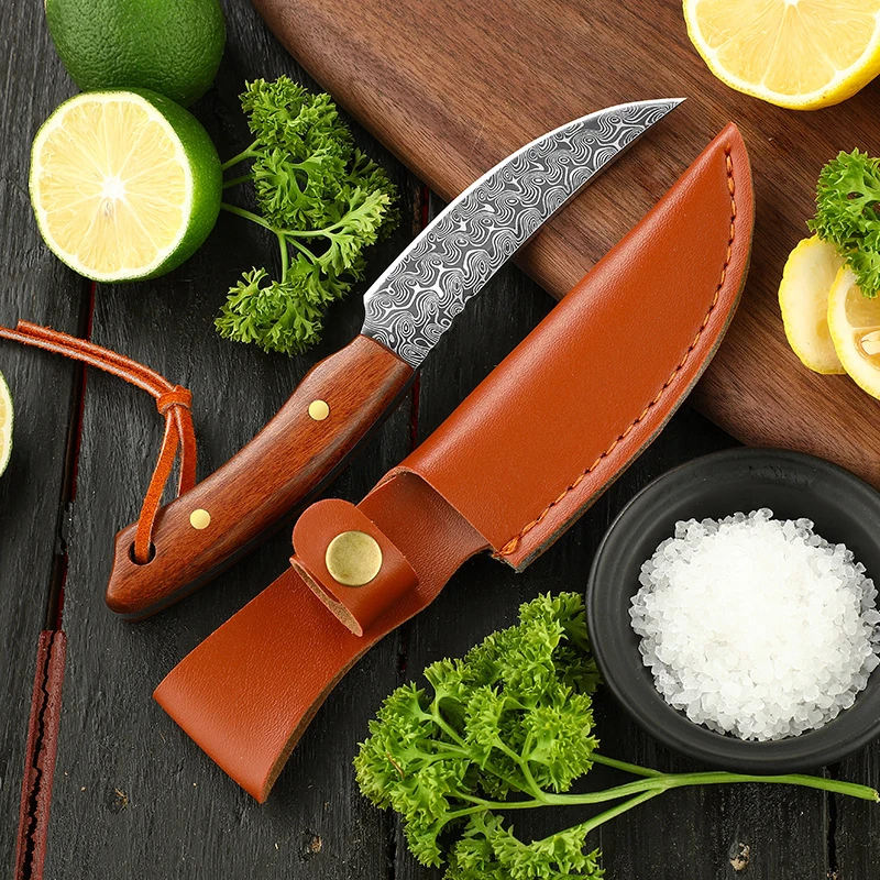 Wooden Handle Damascus Pattern Sharp Boning Knife BBQ Meat Cutting Knife Portable Outdoor Camping Cutter Tool Fishing Knives