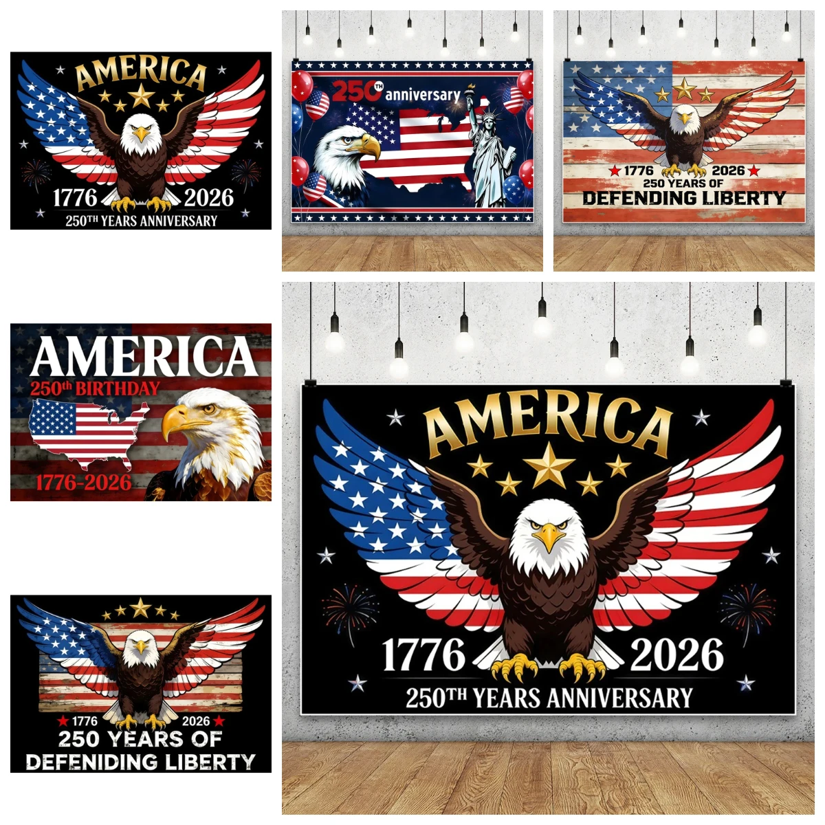 America's 250th Birthday Backdrop For Photography Haliaeetus leucocephalus 1776-2026 US Anniversary Party Decor Photo Background