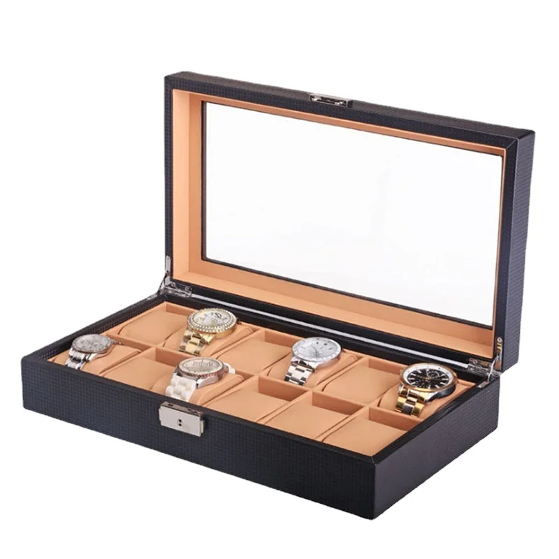 Luxury Leather Watch Storage Box Black Large Jewelry Organizer Box with Lock Transparent Dustproof Jewellery Storage Caes Gifts