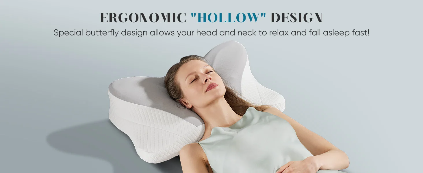 JHK Ergonomic Queen Size Cervical Contour Pillows For Neck 1 Pack Pain Relief Memory Foam Bed Pillow with Cooling Pillowcase