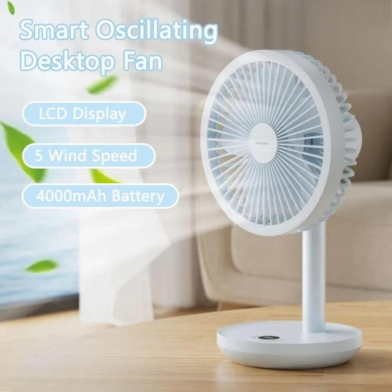 Smart Oscillating Desktop Fan 4000mAh Rechargeable 5 Wind Speeds Silent Portable Fan with Timing LCD Display 120° Wide Angle