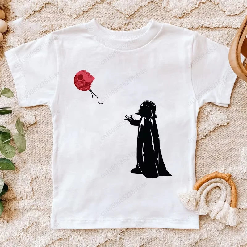 Camiseta de Verano 2026 de Star Wars Darth Vader Death Star con Globo, de Algodón, Cuello Redondo, Manga Corta, Transpirable, Linda, Estilo Urbano de Película para Niños