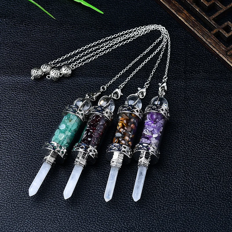 7 Chakras Pendulums Divination Dowsing Glass Wishing Bottle Natural Stone Pendant Hexagonal Clear Quartz Pendulum Pendulos X247