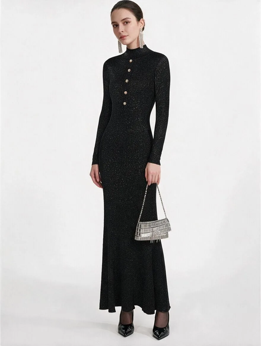 High-quality Fashionable Half High Collar Button Hollow Bright Silk Elastic Knitted Slim Fit Long Women's Dress