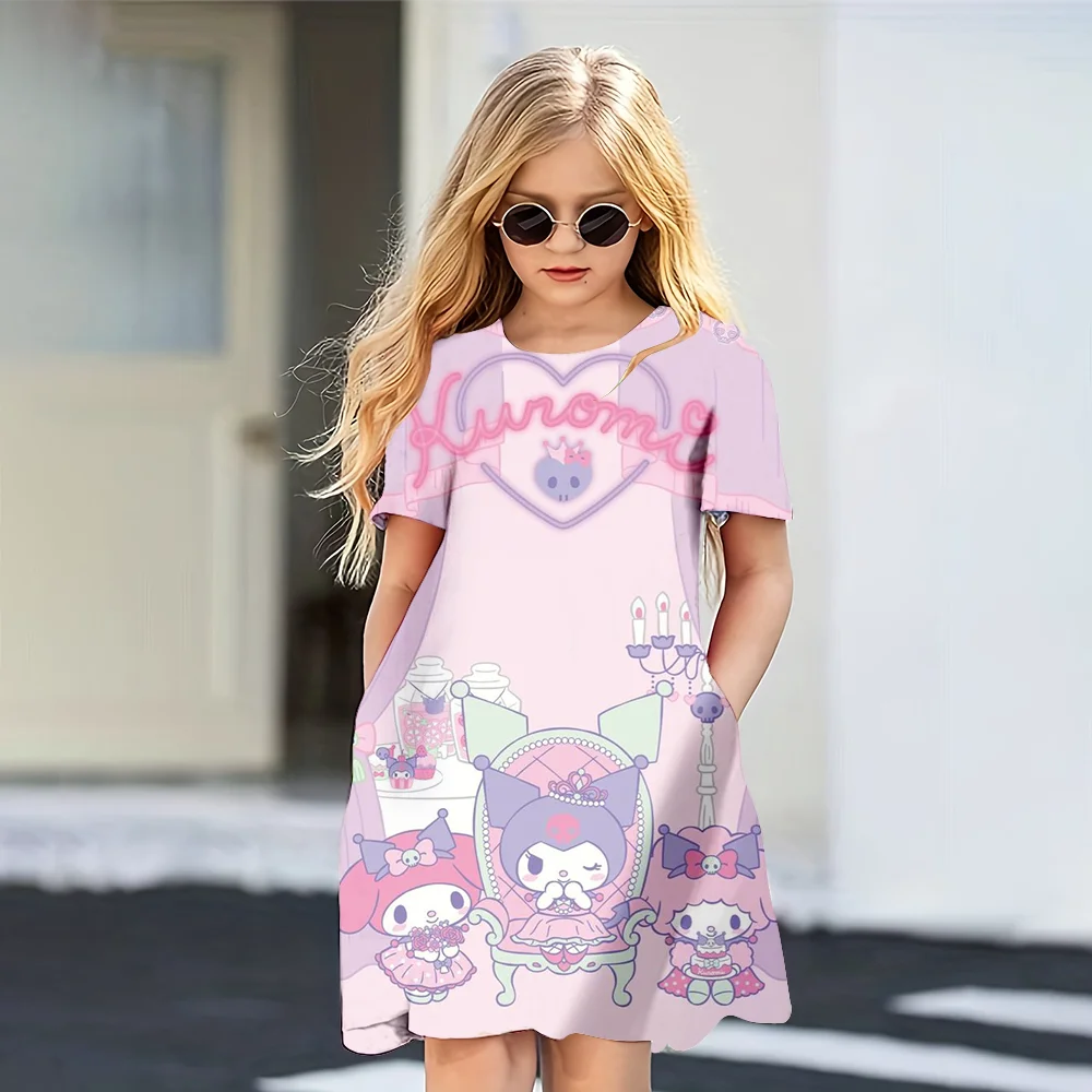 Mini nowy styl dziewczyny letnia sukienka moda kreskówka słodkie Kuromi & Hellokitty 3D nadrukowana sukienka z krótkim rękawem dla dziewczyny luźne