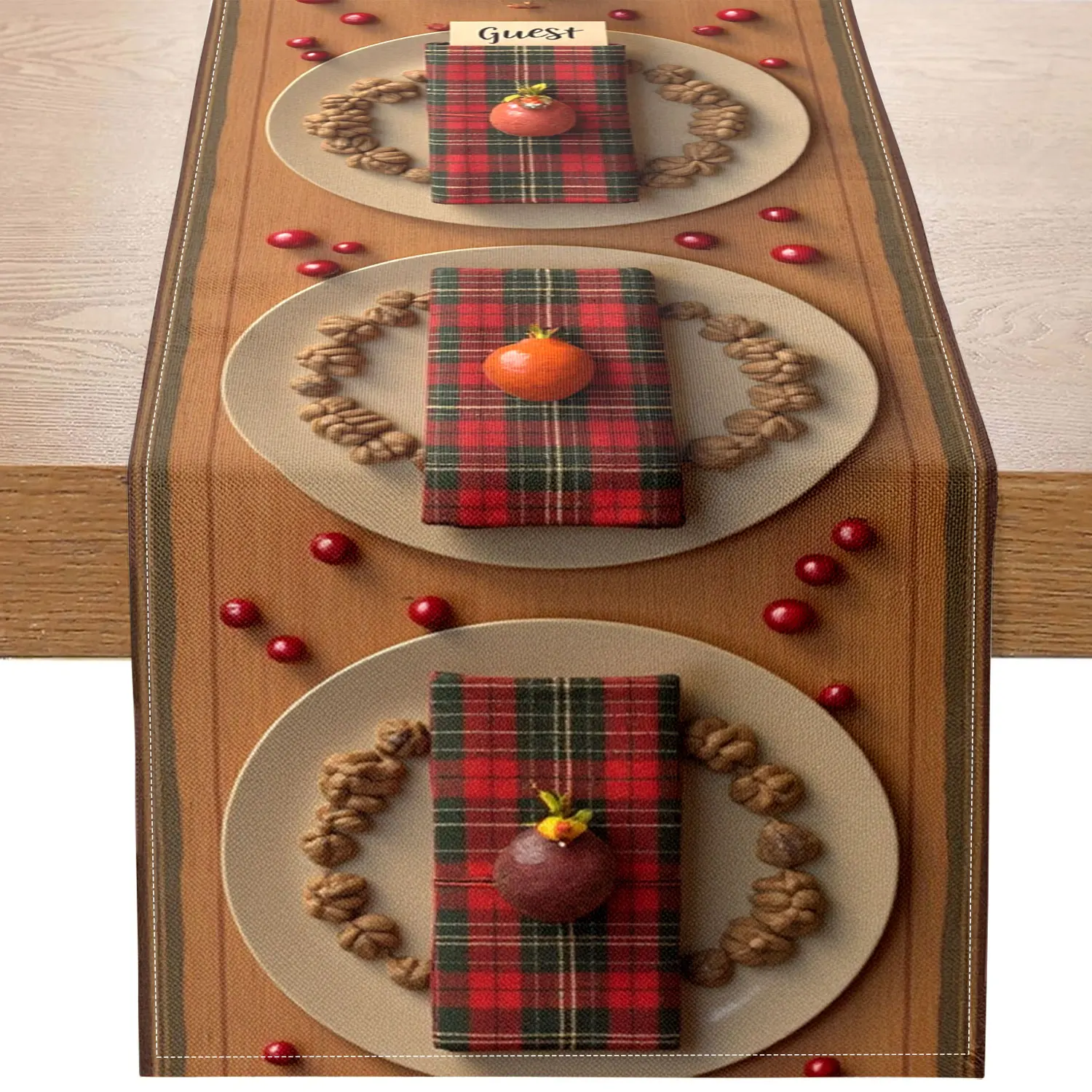

1 Piece of Thanksgiving-Themed Table Runner, Decorated with Plaid Tablecloth Patterns, Nuts, Berries, Etc., Suitable for Holiday Family Banquets and Party Decorations