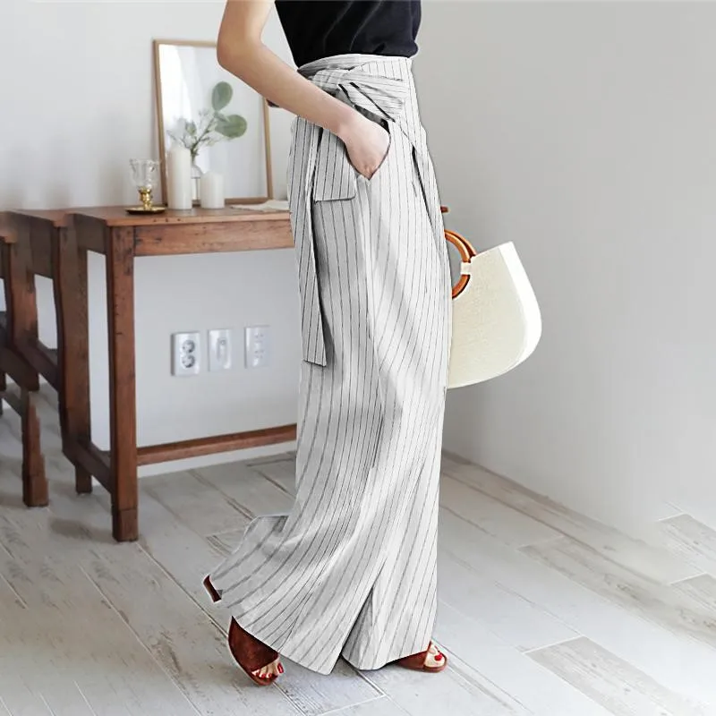 

Women's Striped Lace-up Wide-leg Pants Fashion Pockets High-waisted Retro Trousers Casual Streetwear Elegant Office Clothes