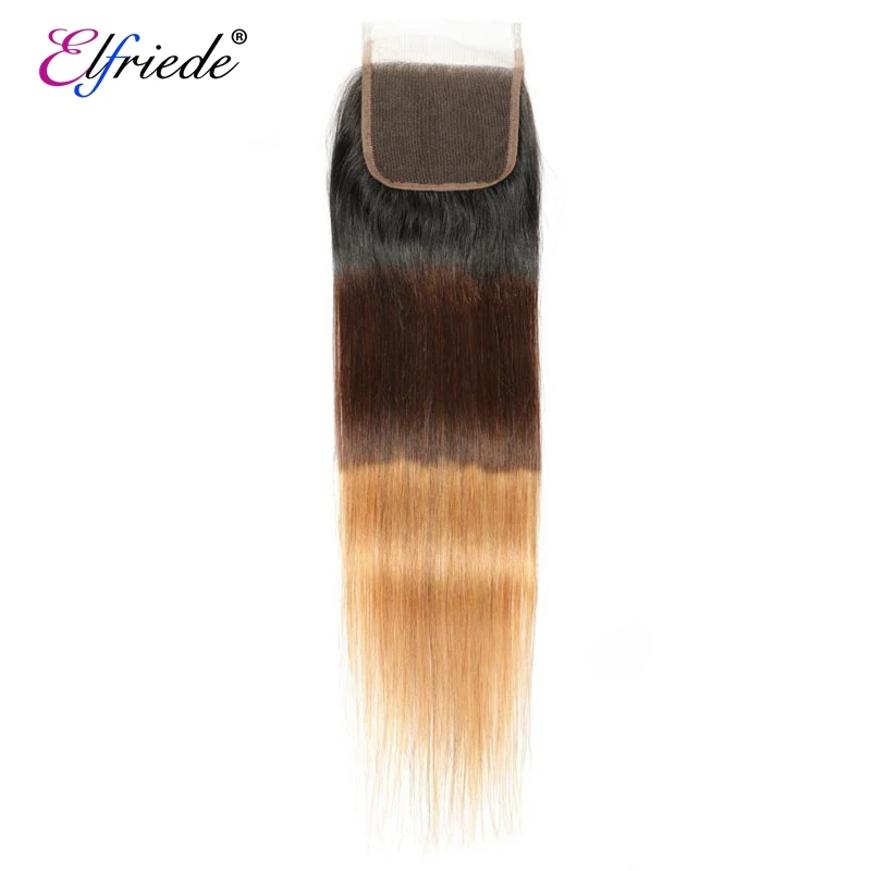 Elfriede #1B/4/27 Straight Ombre Colored Hair Bundles with Closure 100% Remy Human Hair Weave 3 Bundles with Lace Closure 4x4