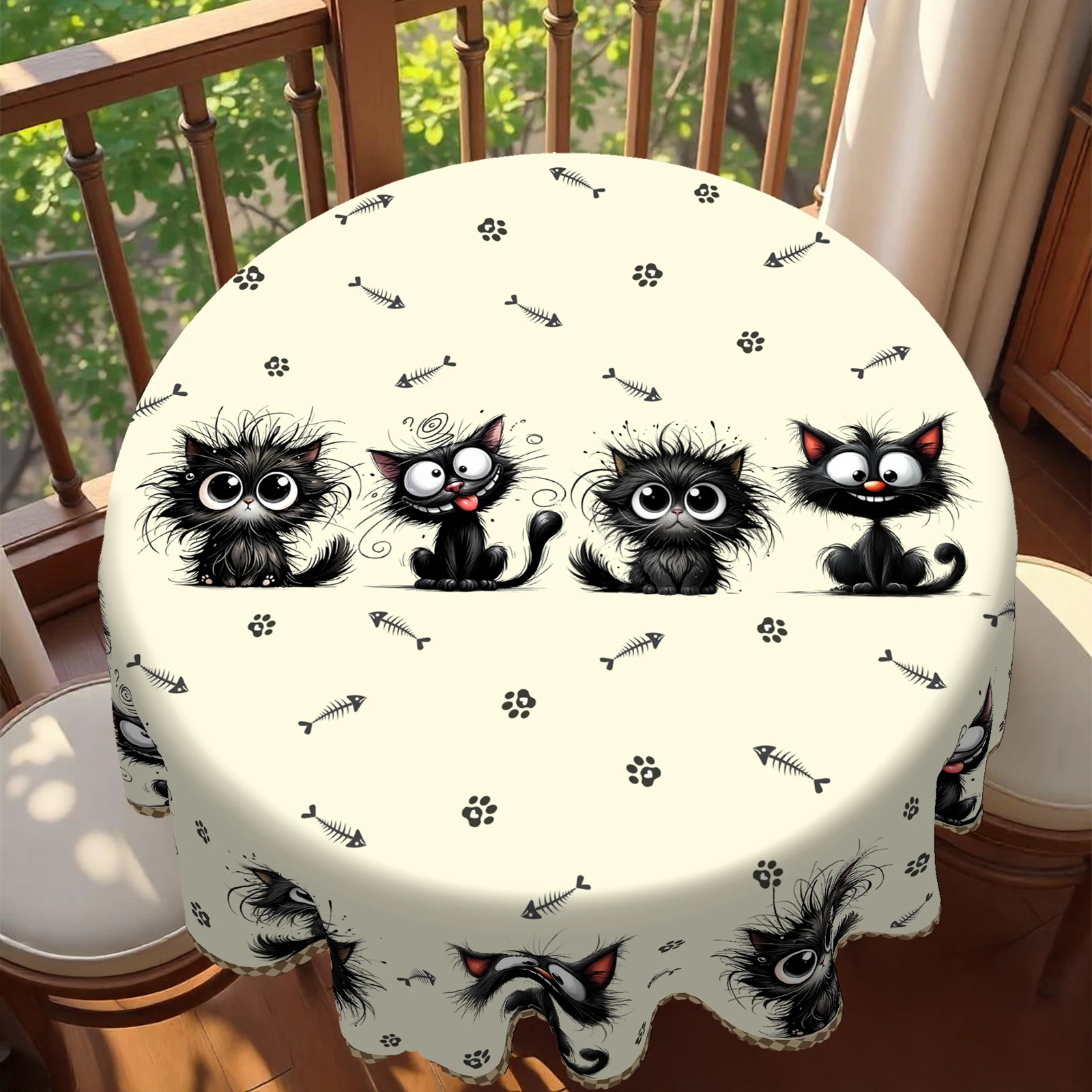 Nappe à thème chaton, avec quatre chatons pelucheux noirs, imprimés en arête de poisson et de chat, imperméables, résistantes aux rides, disponibles pour tables à manger d'intérieur et d'extérieur