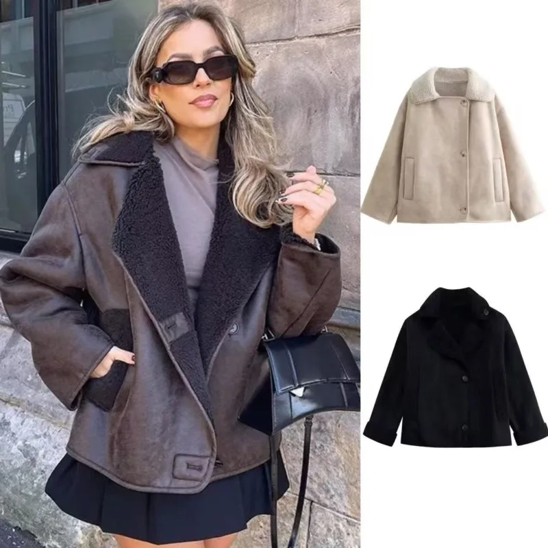 Women Outer wears Vintage Cold Faux Wool Blends Coats For Woman Autumn Winter Plush Jacket Fleeced Faux Leather Jacket