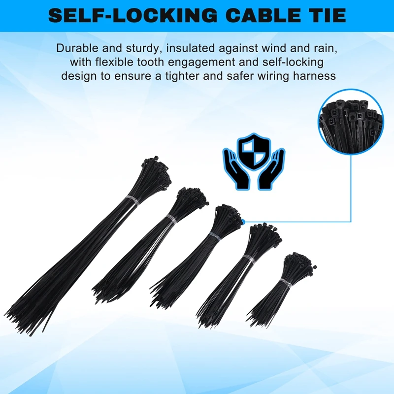 500PCS Cable Ties Black Heavy Duty Zip Ties 2.5 X 100Mm, 2.5 X 150Mm, 2.5 X 160Mm, 2.5 X 200Mm, 2.5 X 300 Mm