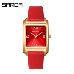 Fashion Sanda Top Brand 1067 New Japan Quartz Movement Red Dial Roman Square Leather And Mesh Steel Ladies Rose Gold Wrist Watch