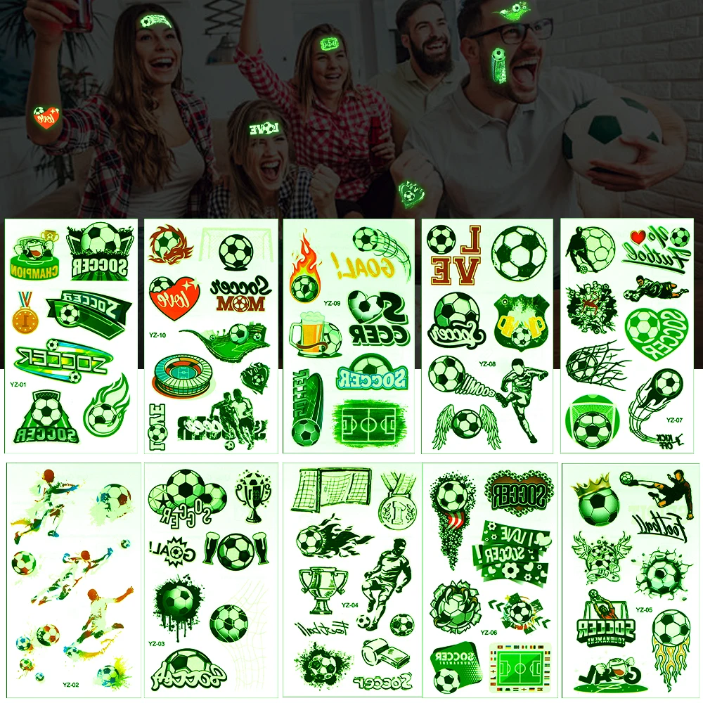 2-10pcs Football Luminous Tattoos Stickers Football Soccer Fan Fake Tattoo Sticker Waterproof Tattoo Hand Arm Foot for Child Boy