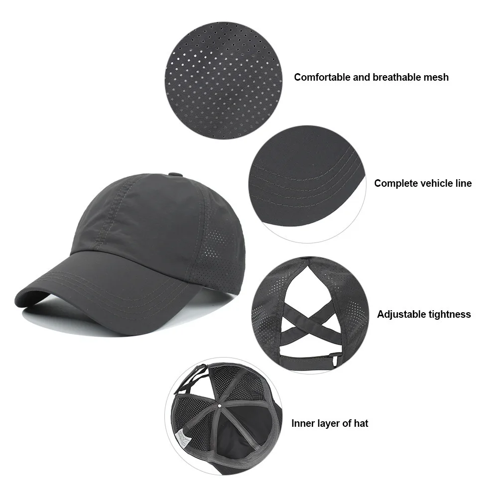 Gorra de béisbol de secado rápido de color sólido de verano para mujer, sombrero para el sol de malla con cola de caballo cruzada informal para deportes al aire libre