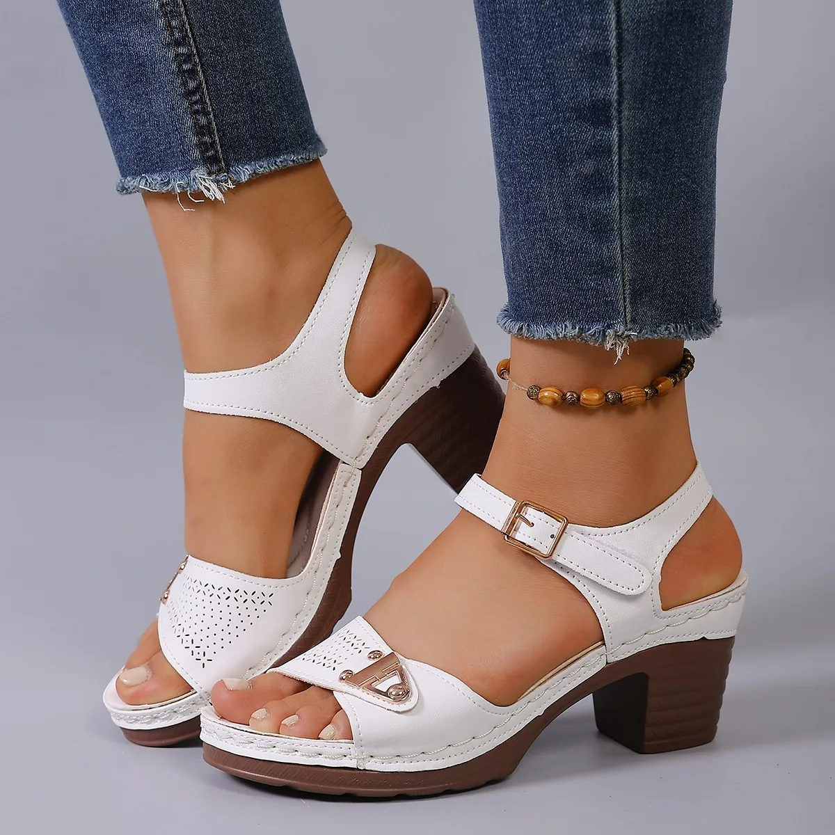 2026 Women Chunky Heel Sandals Buckle Strap Plus Size Shoes Women Solid Color One Line Fashion Sandals High Heels Shoes Women