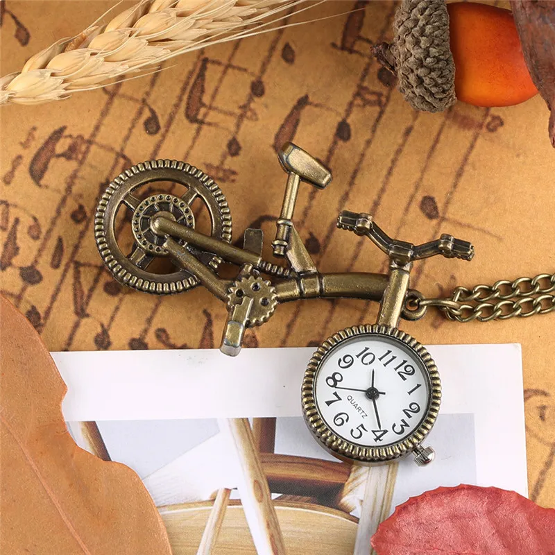 Vintage Bike Shape Clock Bicycle Men Women Quartz Analog Pocket Watch Pendant Necklace Chain Arabic Numeral Display Collectable