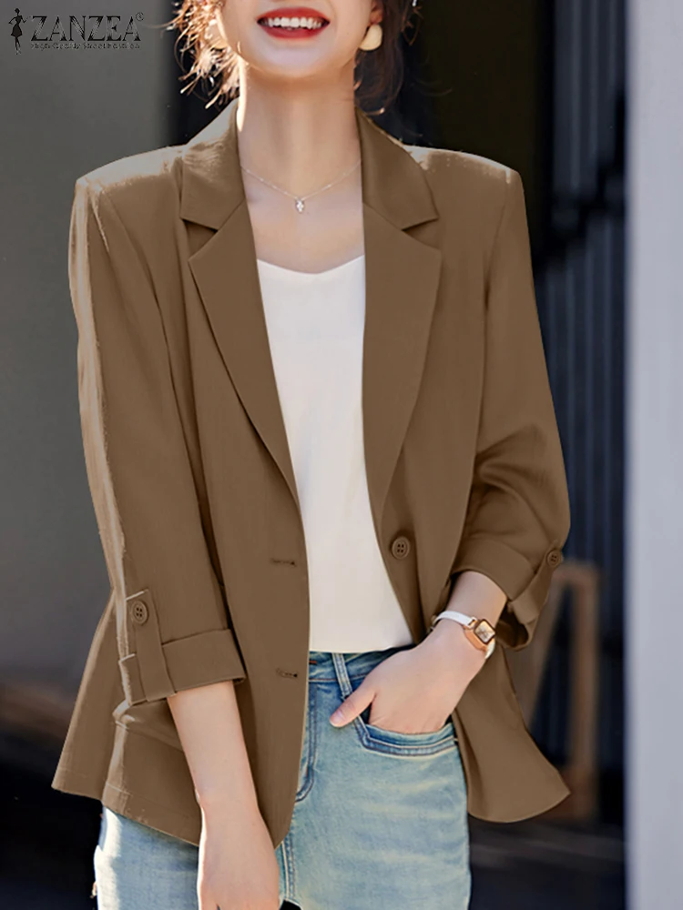 ZANZEA Casual Lapel Neck Suit Jackets Crinkle Office Lady Classy Women Blazer Korean Style Solid Long Sleeve Elegant Outerwear