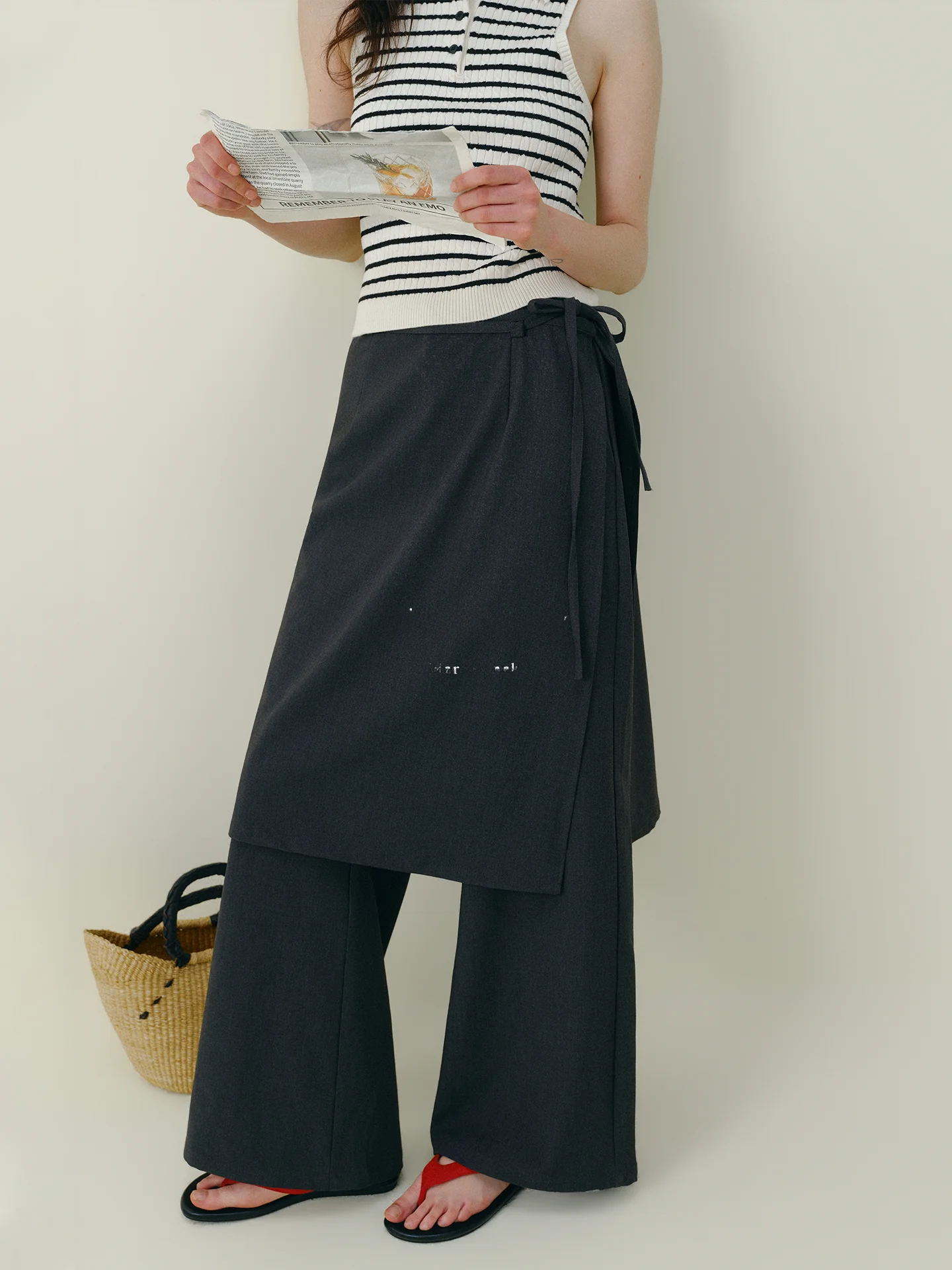 

Rina Berry Summer Casual Pants Wide Leg Micro Flared Removable Waist Belt Design Woolen High Waist Ladies Trousers