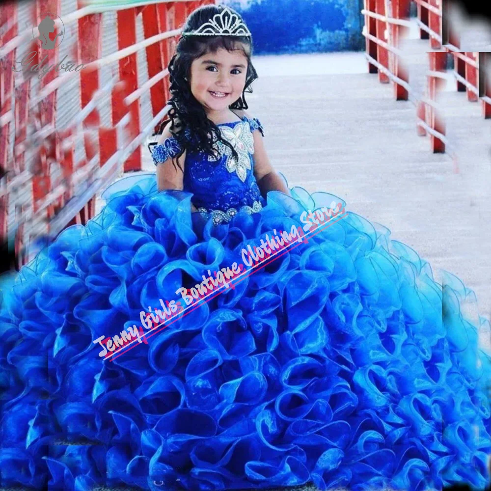 Królewska niebieska świąteczna sukienka dla dziewczynki Ruffles Tulle Elegant Flower Girl Dresses Party Fluffy For First Communion Pageant Gown