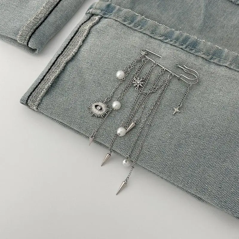 بروش من اللؤلؤ بأحجار الراين مع سلسلة معدنية قابلة للإزالة لتزيين السراويل وإكسسوارات الموضة #4