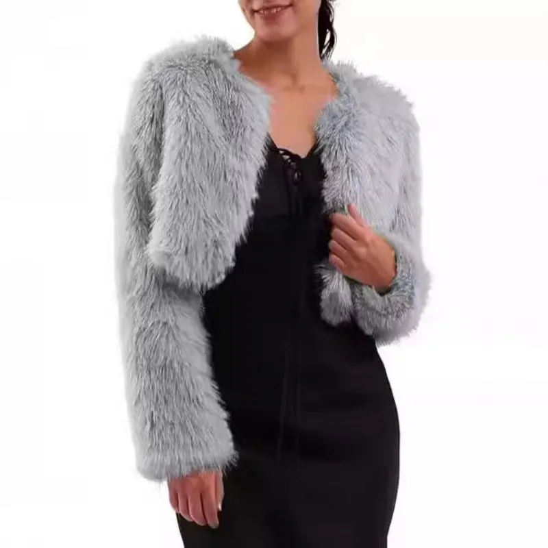 Kardigany Pluszowy Płaszcz Dekolt Okrągły Krótki Luźny Jednolity Futrzany Płaszcz Puszysty Biały Luksusowy Elegancki Sztuczne Futro Królicze Kurtka Casualowy Top Damski