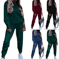 2023 autunno e inverno Pullover da donna con cappuccio manica lunga floccaggio solido tasca elastico in vita pantaloni moda Casual maglione set