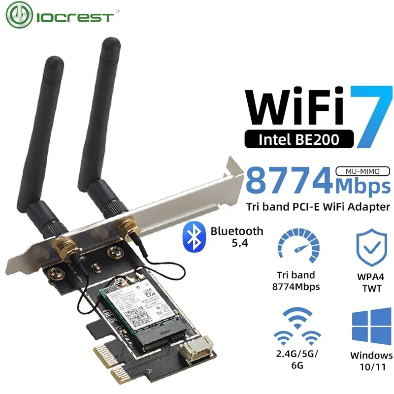 

IOCREST Wireless WiFi 7 Intel BE200 PCI-E Network Card Bluetooth 5.4 Tri Band 2.4G&5G&6GHz 8774Mbps BE200NGW Chip 802.11be