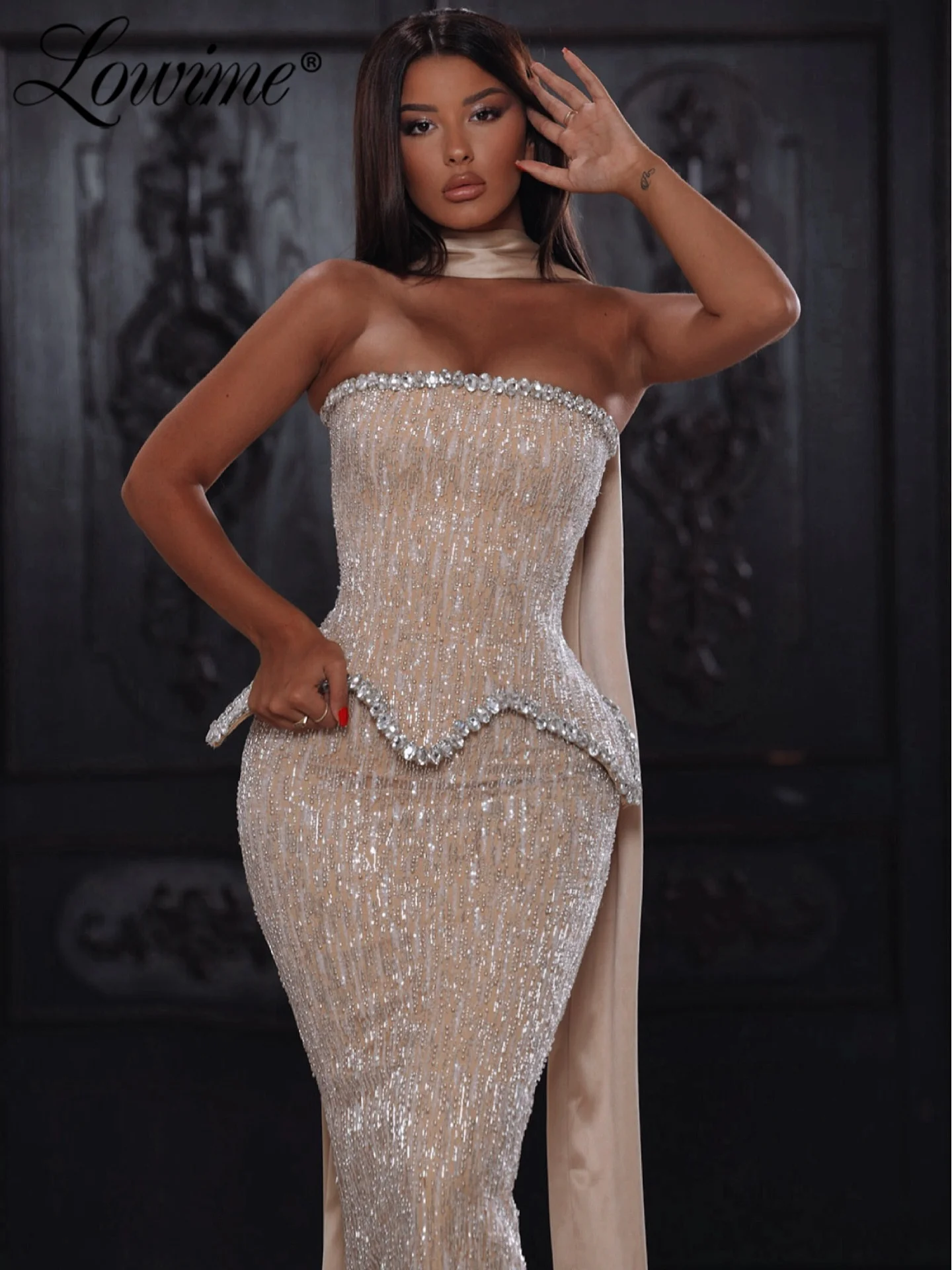 

Вечернее платье без бретелек с кристаллами, тонкие платья русалки для выпускного вечера, длинное коктейльное платье цвета шампанского, 2026, женские вечерние платья в арабском стиле по индивидуальному заказу