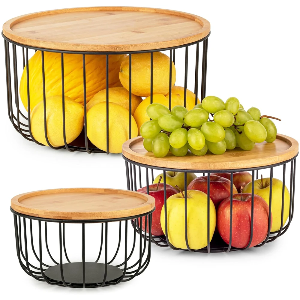 

Fruit Basket for Kitchen Counter Stackable Baskets with Bamboo Lid - Fruit Bowl, Perfect Holder For Fruits and Vegetable Storage