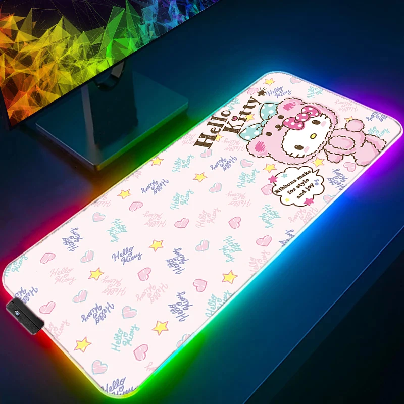 

LED Kawaii Luminous Mouse Pad Computer Hello Kitty Gamer Cabinet Mousepad For Girl Gift RGB Laptop Cute Pink Sanrio XXL Desk Mat