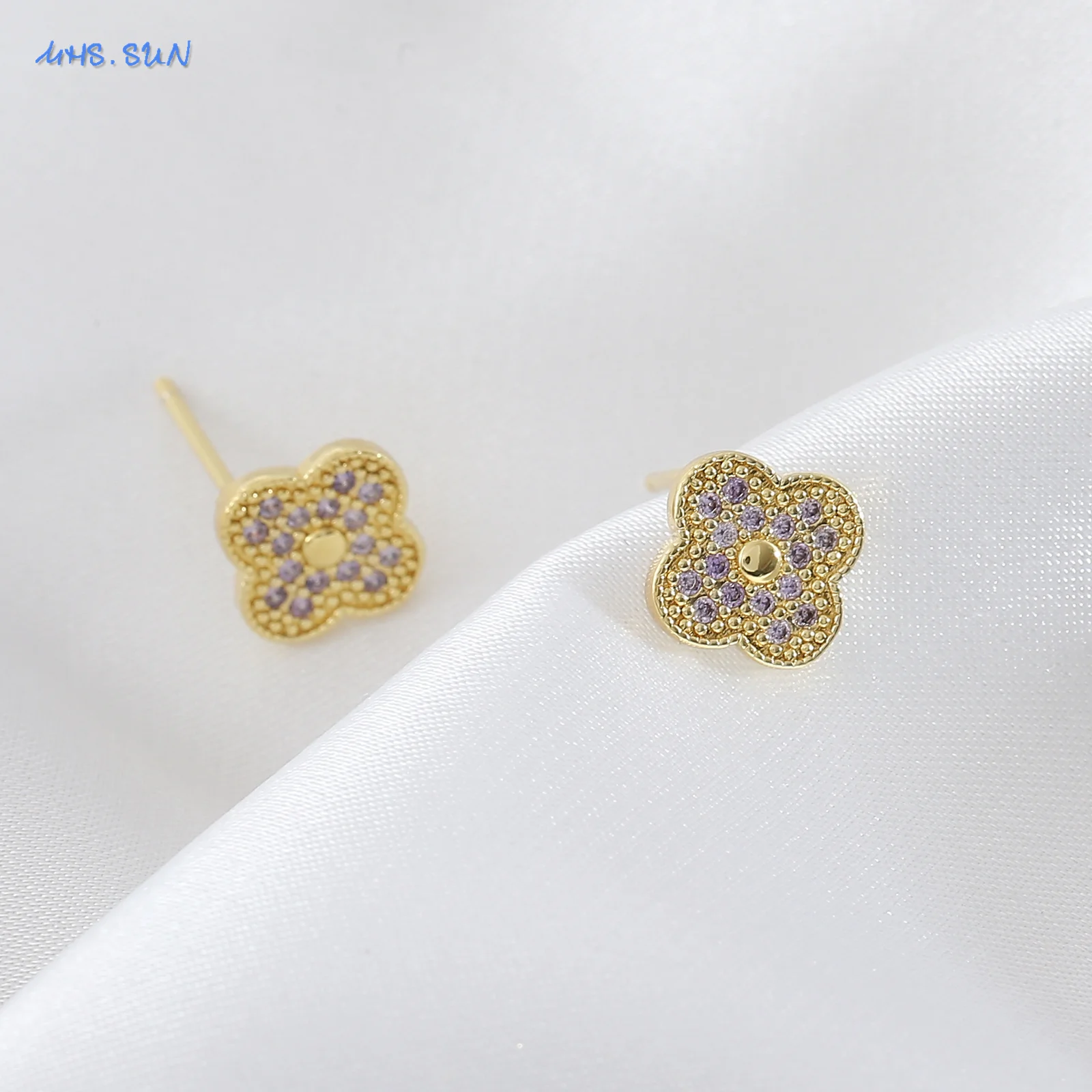MHS.SUN Lucky Four Leaf Stud Earrings Inlaid Purple Zircon Sweet Four-Leaf Clover Flower Piercing Ear Jewelry Party Gifts