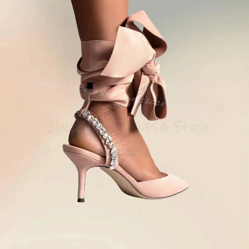 

Rose Red Pointed Toe Crystal Decor Pumps Lace Up Women Shoes Thin High Heels Sexy Fashion Party Banquet 2025 Zapatos Para Mujere