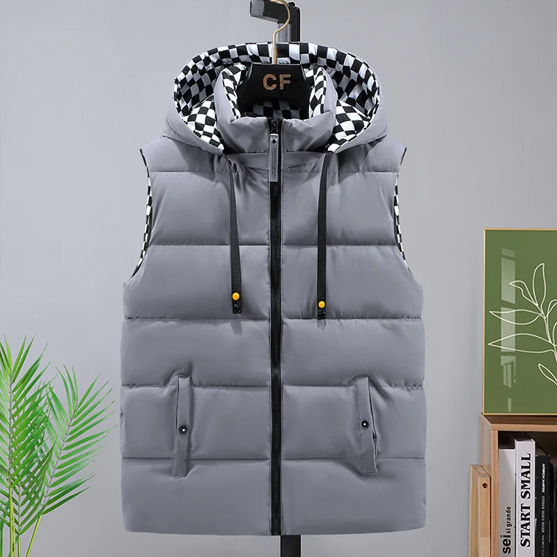 #3614 Autumn Winter Hooded Vest Coat Black Gray Red Vest Waistcoat Zipper Down Cotton Vest Coat Unisex Vest Jacket Outerwear