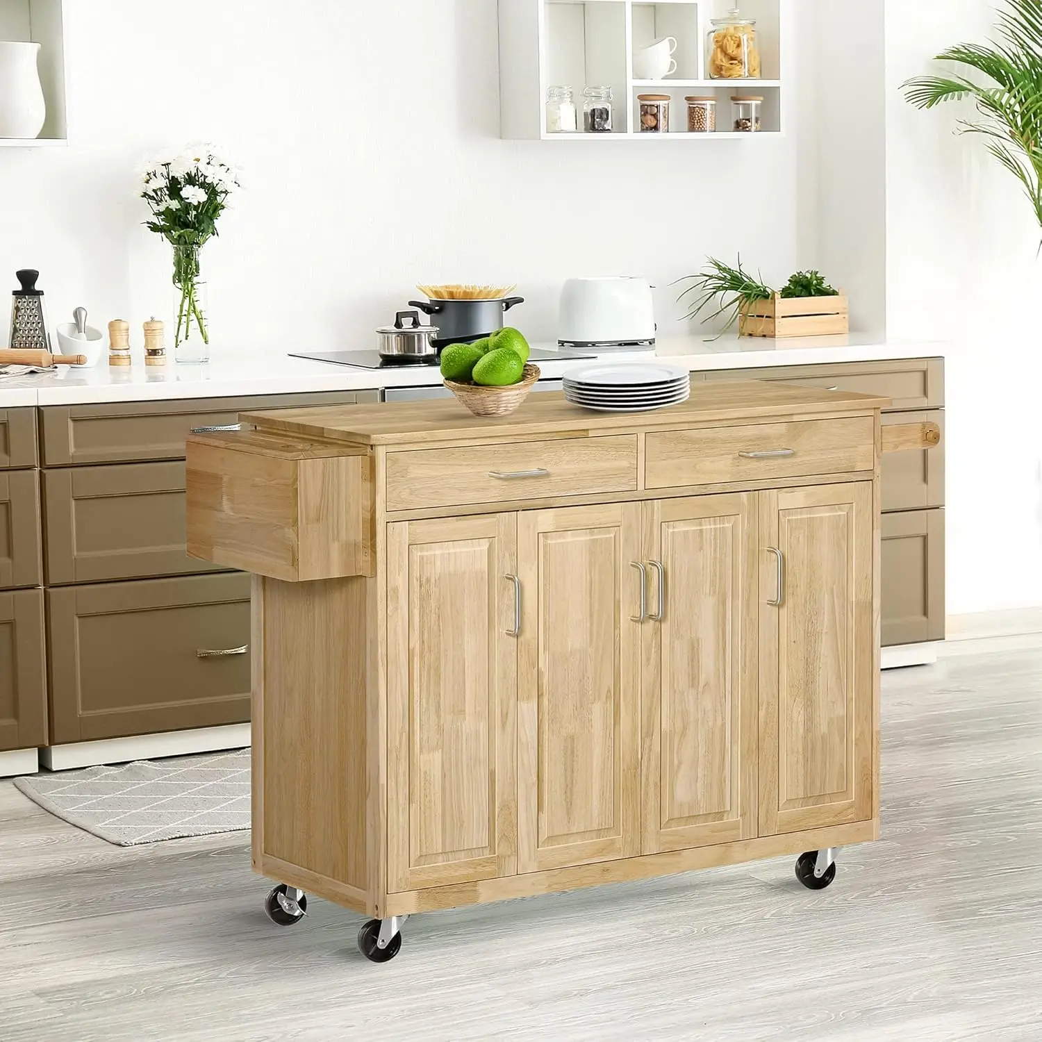 Homcom Kitchen Island On Wheels, Natural Hardwood Kitchen Cart With Drawers, Storage Cabinets, And Tool Caddy, Microwave Cart