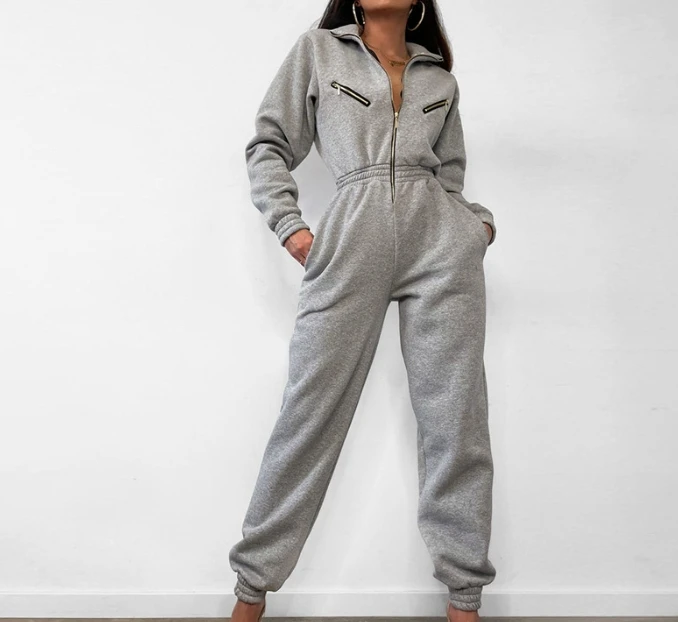 Jumpsuit Women 2023 Autumn Zipper Design Elastic Waist Casual Plain Stand Collar Long Sleeve Daily Cuffed Jumpsuit Streetwear
