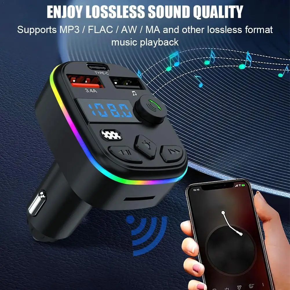 FM Transmitter Car MP3 Player Support TF Card U Disk Dual USB Type C Car Charger Cell Phone Charging Hands Free Wireless Car Kit