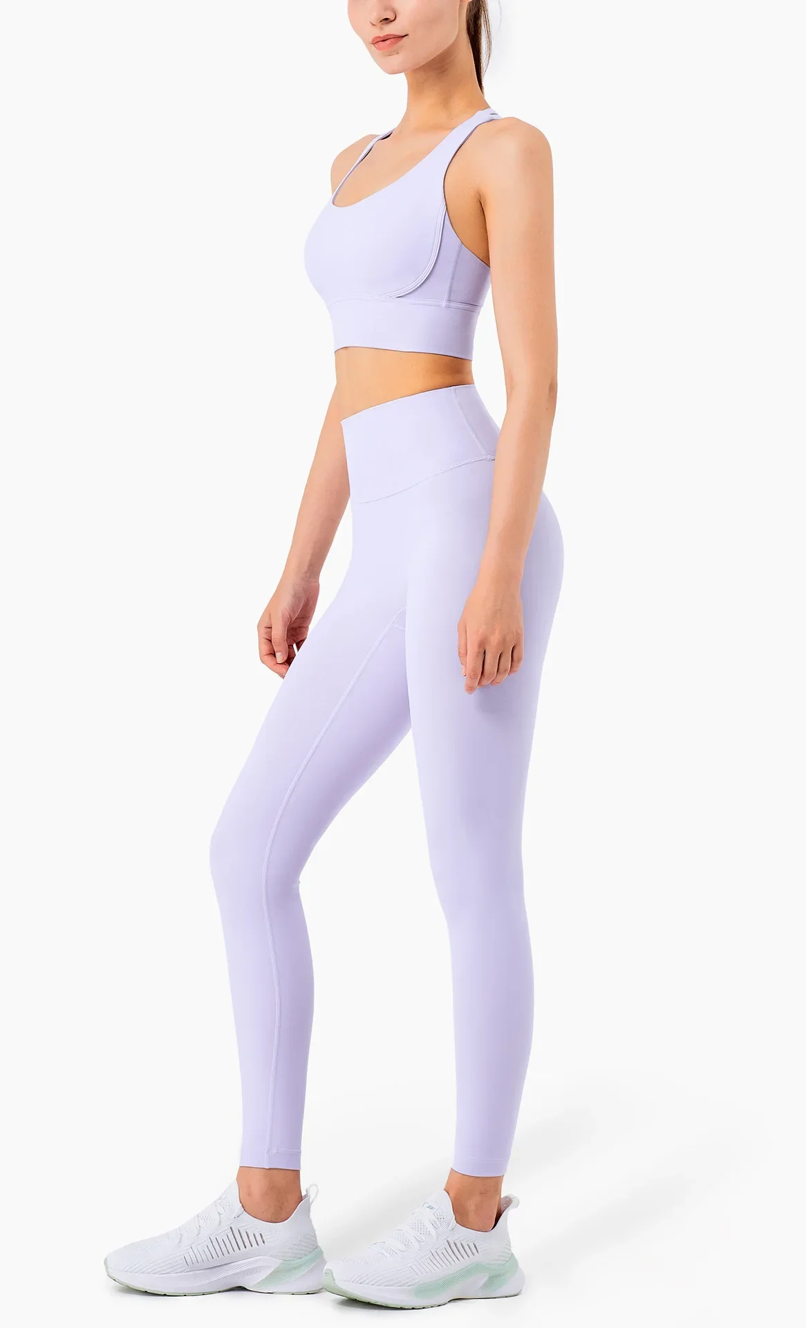 Damen Zweiteiliger Yoga-Anzug in Unifarbe, Hochintensiver Rückenfreier Yoga-BH, Hochgeschnittene Hüftlift-Leggings, Lauf- und Trainingsset – Detail 20