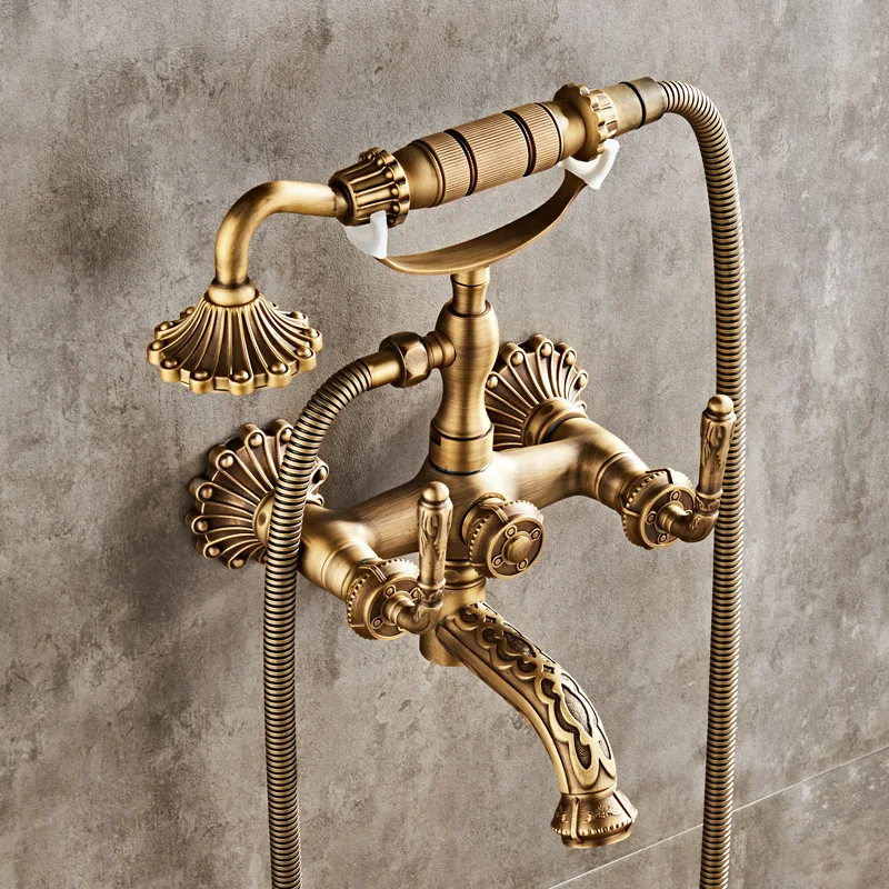 

Antique Brass Bathtub Shower Faucets Set Wall Mounted Bath Shower Set Swivel Tub Spout Bath Shower Dual Control Carved Mixer Tap