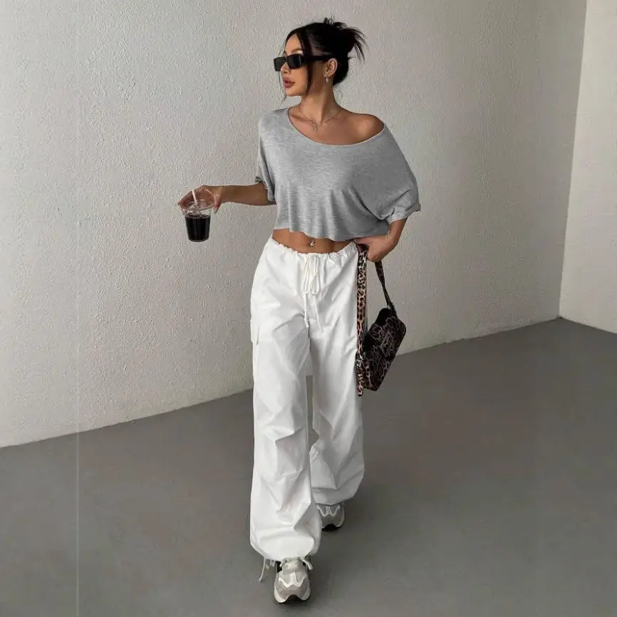 Women's ort Sve Cropped irt Loose Fit Polyester Fabric  Color T-irt European Sle Spring Summer Casual Wear