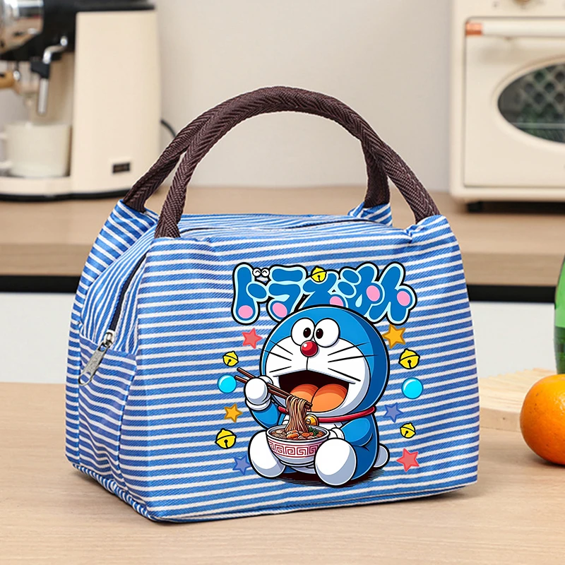 Cute Doraemons Women Men Multi-Color Portable Square Lunch Bag Washable Striped , Reusable Leak Poof Insulation Tote Bento Bag view 5
