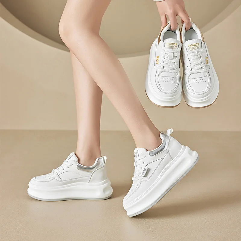 Fujin 6.5cm Air Mesh Genuine Leather Casual Breathable Summer Autumn Platform Vulcanize Wedge Chunky Sneakers Spring White Shoes