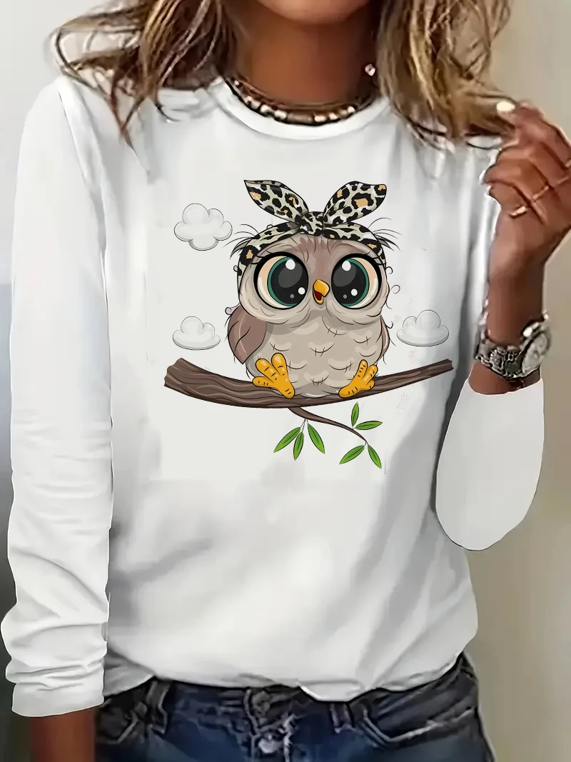 Kawaii مضحك الكرتون البومة طباعة قميص طويل الأكمام مضحك القوطية تي شيرت المرأة تي شيرت س الرقبة تي شيرت عادية