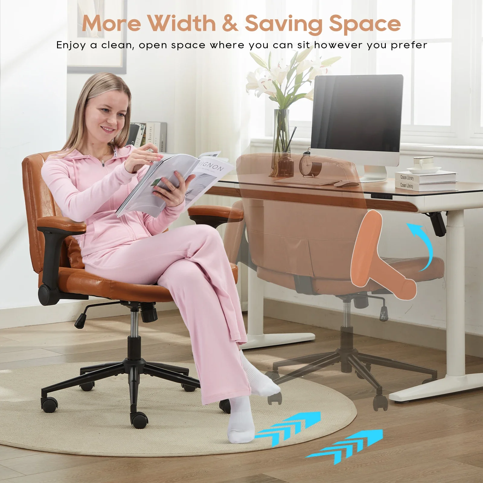 TCGBKAF Brown Criss Cross Chair Adjustable Flip-up Arms Vanity Chair with Wheels Comfy PU Leather Desk Chair with Lumbar Pillow Swivel Wide Office Chair for Home Office Bedroom