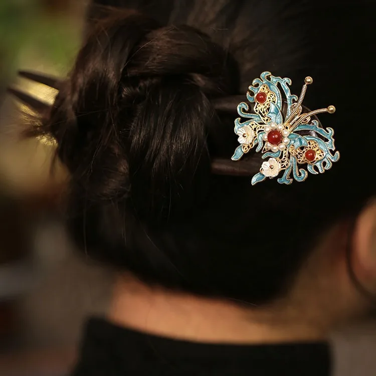 

Butterfly u-shaped hairpin New Chinese style cold bun hairpin Female antique sandalwood high-end double hairpin cheongsam hair