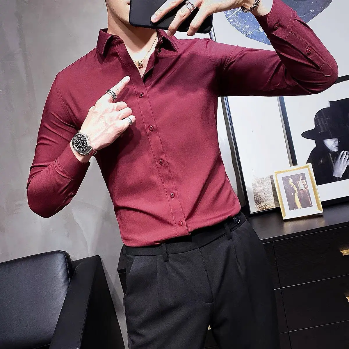 Spring and Autumn Solid Color Gray Shirt Men's Long Sleeve Korean Style Slim Professional Business Formal Shirt Work Gray Shirt