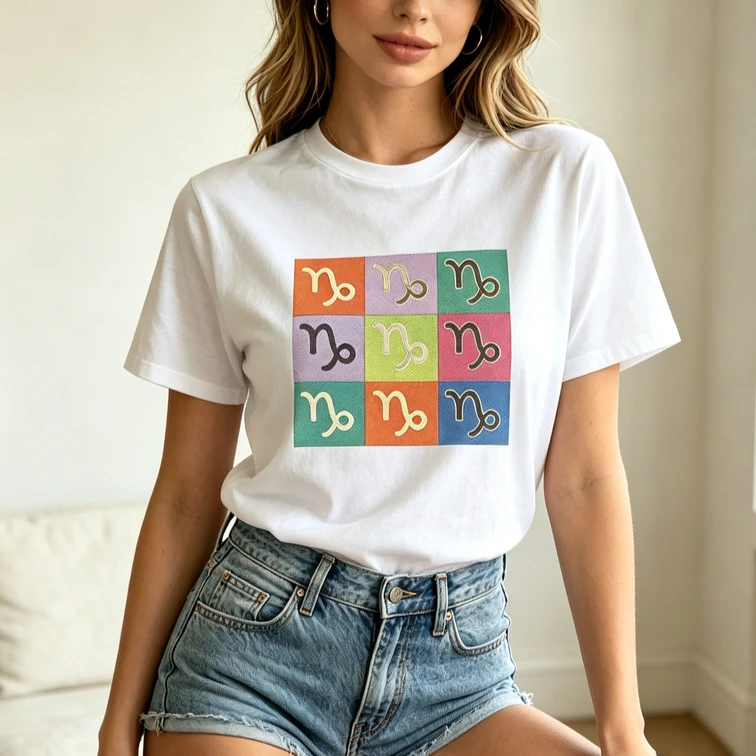 Capricorn Zodiac Grid Graphic T Shirt Retro Colorful Symbol Print Short Sleeve Cotton Tee Casual Astrology Birthday Gift Y2k Top