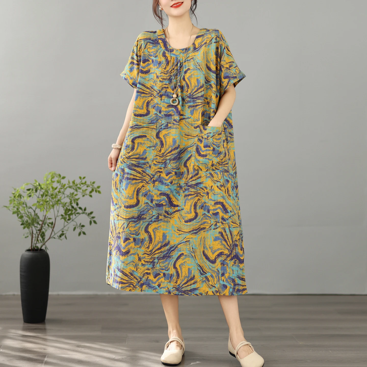 

Loose Cotton Linen Print Summer Beach Dress for Women Mid-aged And Elderly Comfortable Breathable Retro Style Travel Dress